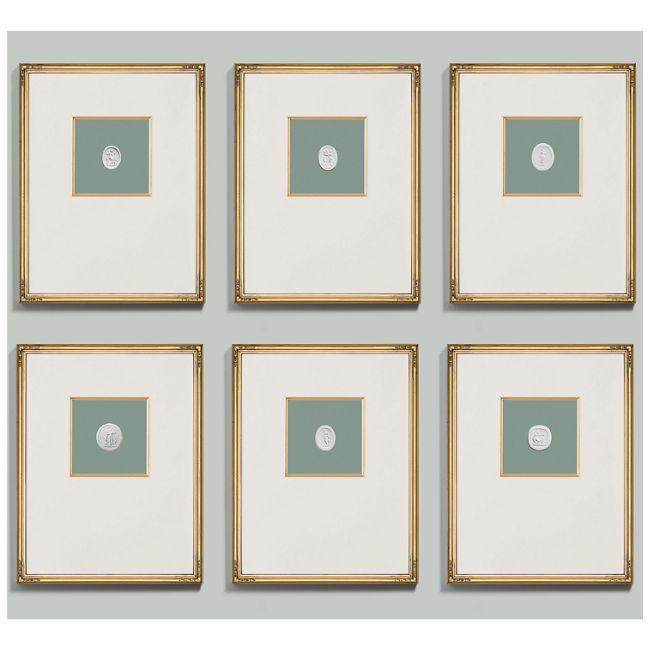 Six identical gold-framed wall art pieces arranged in two rows of three, each showcasing a small round object centered on a green background with a wide white mat border—perfect for displaying DIY intaglio art in your space.