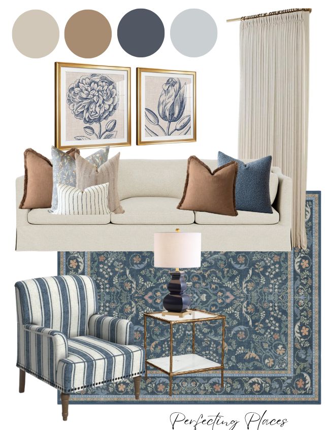 Mood board with neutral and blue tones, featuring a beige sofa with various pillows, a striped blue armchair, blue floral rug, and classic cozy living room decor touches like gold-framed floral art and a gold and glass table with lamp.