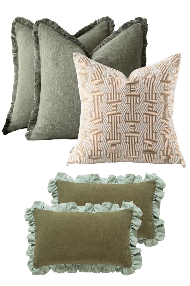 A set of decorative throw pillows with green accents, featuring two green pillows with ruffled edges, one beige pillow with a geometric pattern, and two rectangular green pillows with blue ruffles—perfect for adding style to your living room.