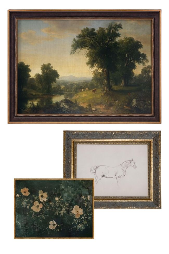 Three framed artworks—landscape with trees and river, pencil sketch of a horse, and yellow flowers on dark green—add charm to any living room, pairing beautifully with green accents.
