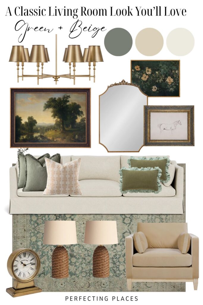 Mood board for an earthy traditional living room decor featuring green and beige tones, with wall art, a mirror, sconces, throw pillows, a beige sofa, an armchair, table lamps, a clock, rug, and color swatches at the top.