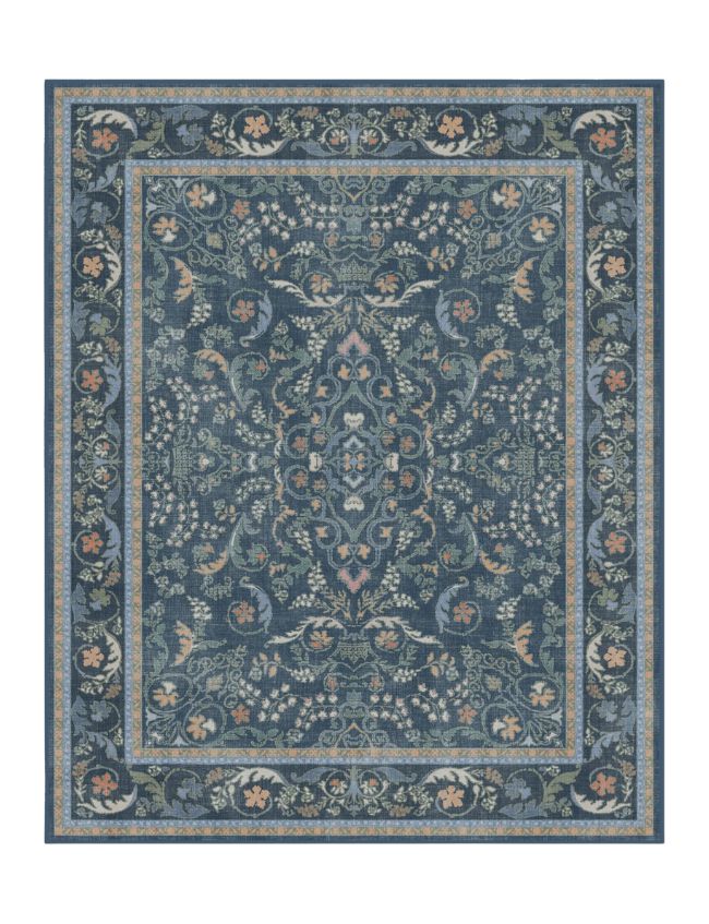 A rectangular area rug with an intricate floral and vine pattern in shades of blue, green, beige, and peach, featuring multiple decorative borders and a central medallion—perfect for classic cozy living room decor.