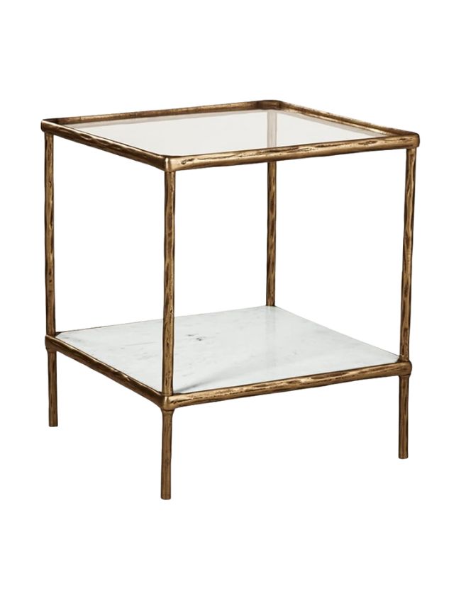 Square side table with a gold metal frame, clear glass top, and lower white marble shelf. The minimalist design and thin legs make it perfect for classic cozy living room decor with an open, modern feel.
