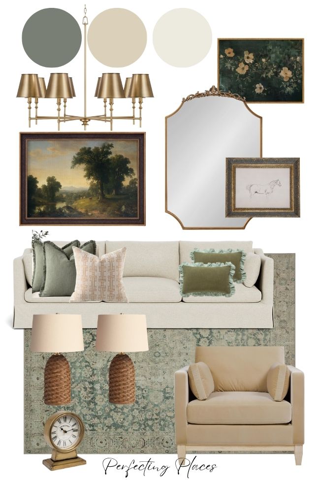 Mood board for a timeless living room: green and beige color swatches, brass light fixture, framed art, off-white sofa with patterned pillows, two table lamps, a green rug to build around, beige armchair, and a round clock.