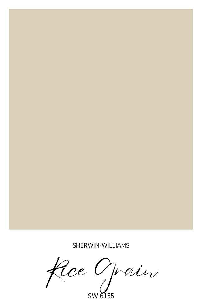 A color swatch of Sherwin-Williams "Rice Grain" (SW 6155), featuring a soft, light beige shade—perfect for a timeless living room with green and beige accents. The color name and code appear below in stylized text.