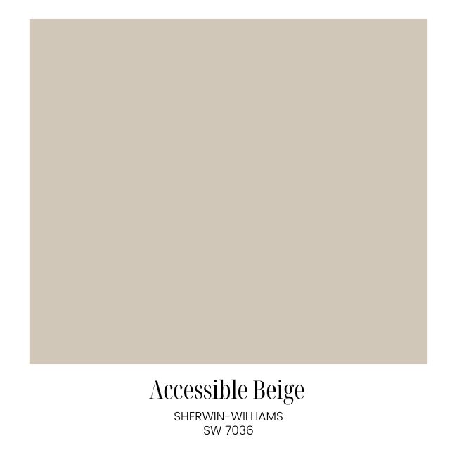 A large square swatch of Sherwin-Williams Accessible Beige (SW 7036), a soft, warm light beige perfect for classic cozy living room decor, with the color name and code displayed below the swatch.