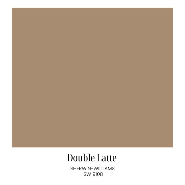 A color swatch labeled "Double Latte" by Sherwin-Williams, SW 9108, displaying a warm medium brown shade on a white background—perfect for classic cozy living room decor.