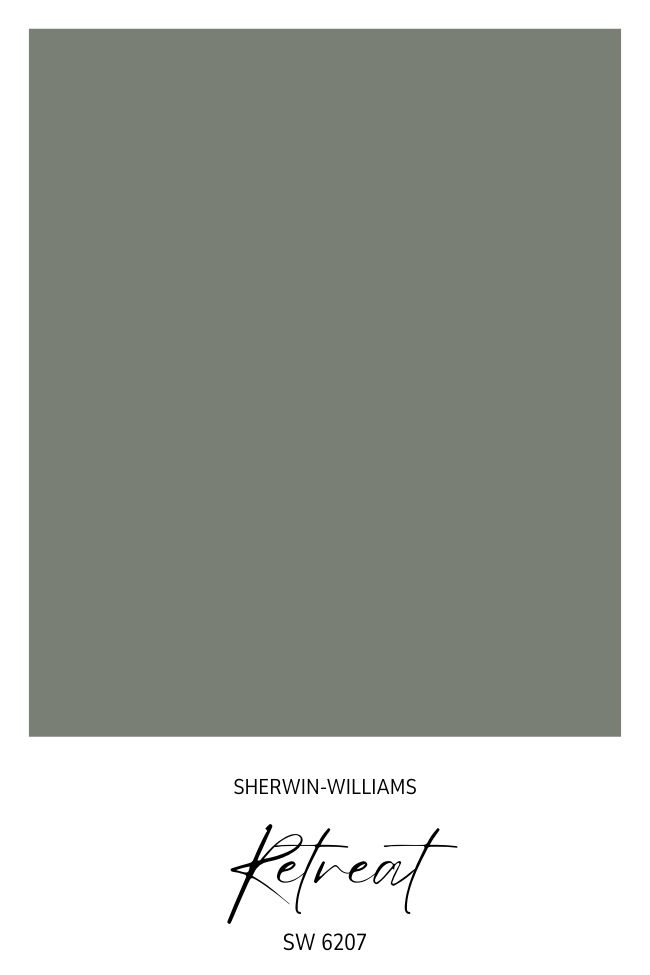 A color swatch featuring Sherwin-Williams “Retreat” (SW 6207), a muted green-gray shade perfect for living room spaces or pairing with beige accents, with the brand name and color details written below the square.
