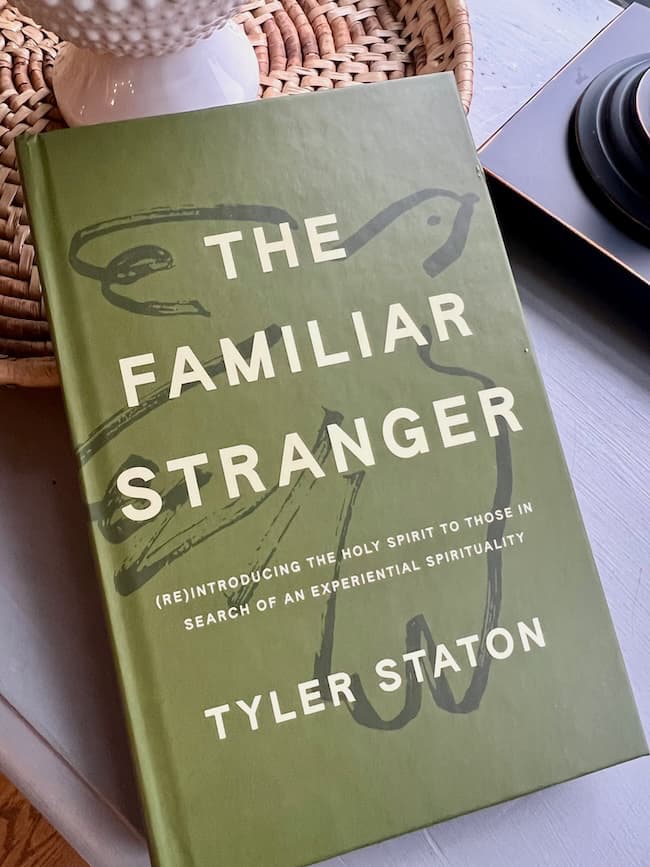 A green hardcover book titled "The Familiar Stranger" by Tyler Staton rests on a table, partially overlapping a woven basket—a Cozy Start for any season. The cover features abstract line art of a bird and bold white text.