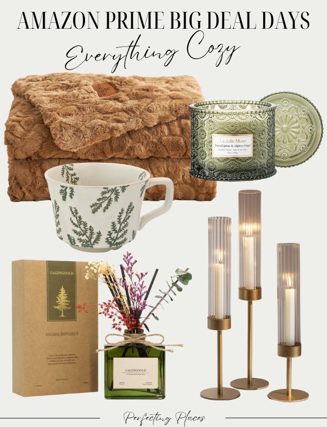A collage featuring a brown plush blanket, a green decorative candle, a white mug with leaf prints, an aroma diffuser, glass reed diffuser, and three gold and glass pillar lamps. Text reads "Amazon Prime Big Deal Days - Everything Cozy.