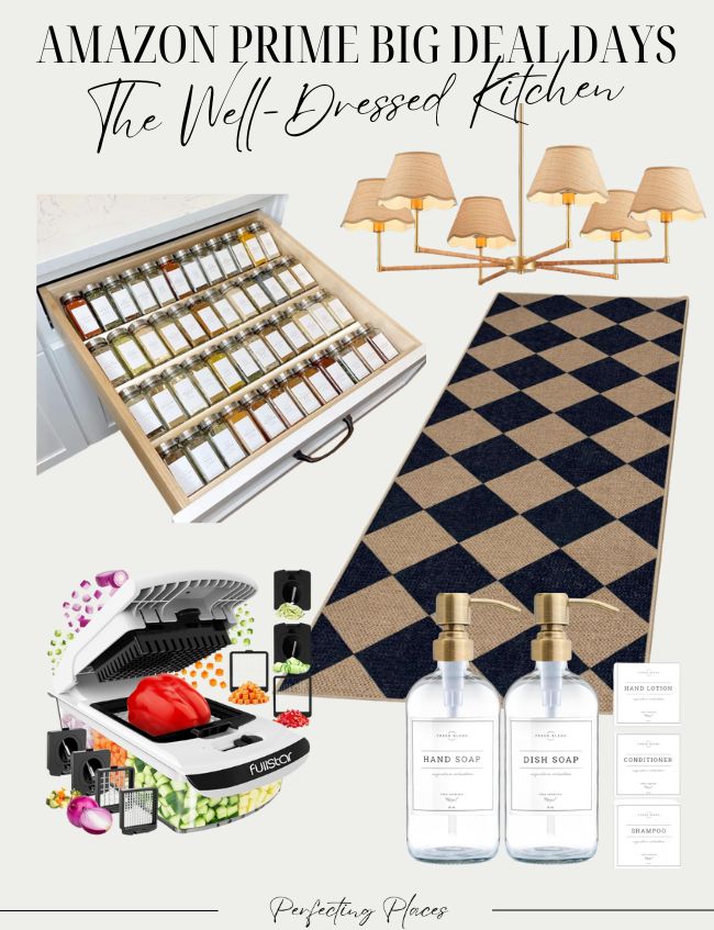 A collage of kitchen items: spice jars organized in a drawer, woven checkered rug, gold light fixture with four lampshades, hand and dish soap bottles, and a bag sealer with bags and food inside. Text reads “Amazon Prime Big Deal Days.”.