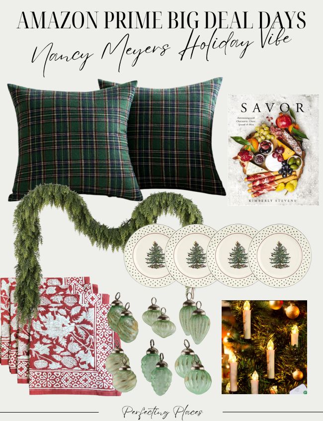 A collage of holiday decor items, including plaid pillows, a garland, cookbook, pine tree coasters, red napkins, green ornaments, and a lit Christmas tree branch, with “Amazon Prime Big Deal Days” text above.