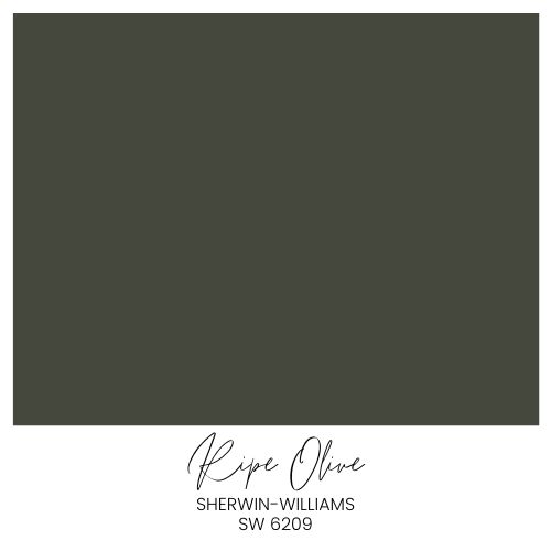 A color swatch showing a deep olive green shade labeled "Ripe Olive," with the paint code "Sherwin-Williams SW 6209" written below in stylish script and block letters.