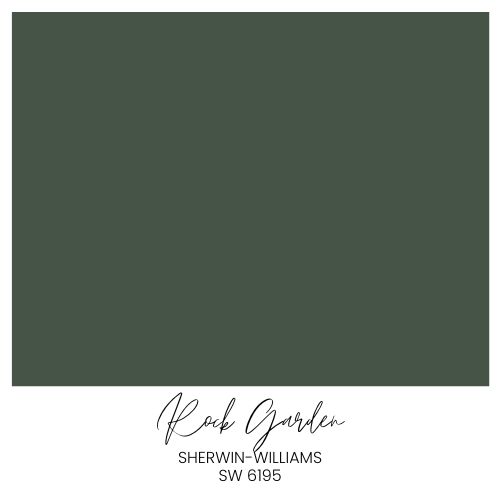 A paint color swatch showing Sherwin-Williams "Rock Garden" (SW 6195), a deep, muted green shade. The name and code are written in elegant script and print below the color sample.