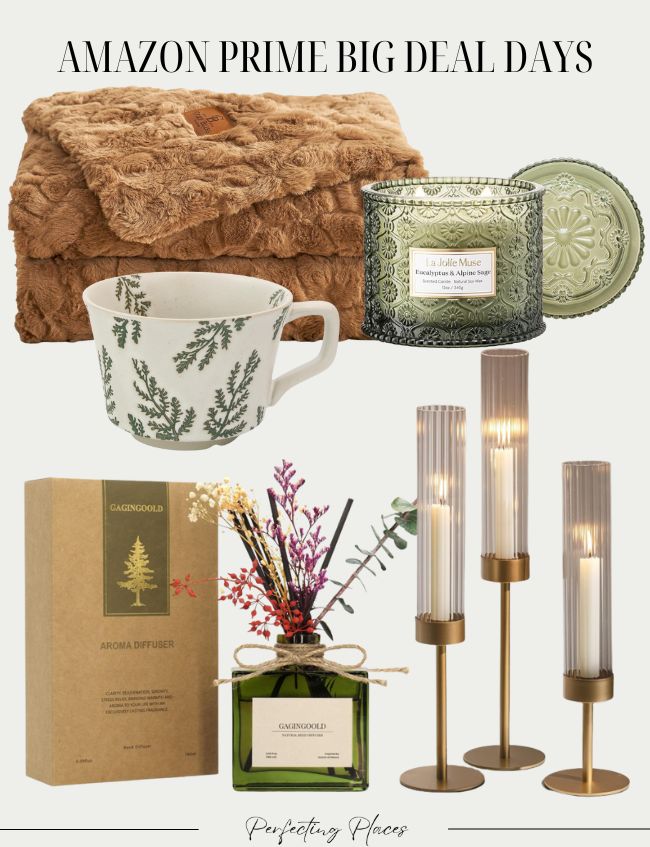 A collage of cozy home decor, including a brown textured blanket, green patterned candle, leafy white mug, aroma diffuser with flowers, and gold glass lamps—all perfect picks for Amazon Prime Big Deal Days.
