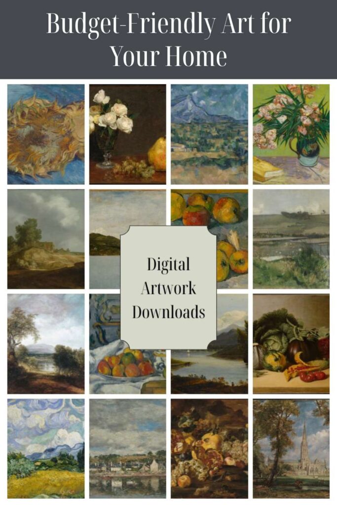 A collage of sixteen classic still life and landscape paintings surrounds a central label reading “Digital Artwork Downloads” under the heading “Budget-Friendly Art for Your Home—featuring free fine art prints.”.