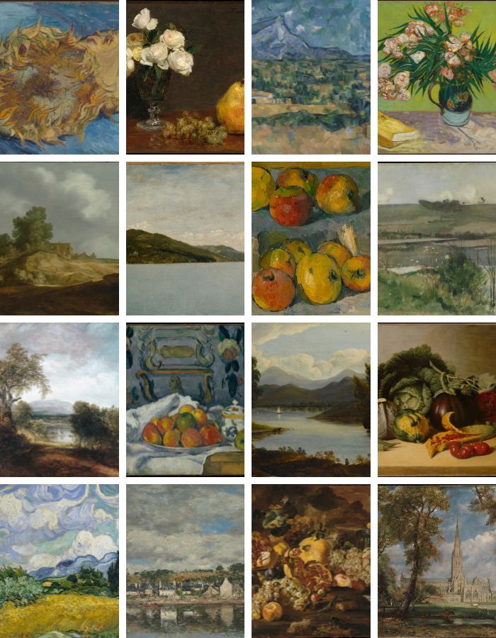 A grid of 16 classic still life and landscape paintings, featuring fruit, flowers, and scenic outdoor views in various artistic styles and vibrant colors—perfect for those seeking free fine art prints to enhance any space.