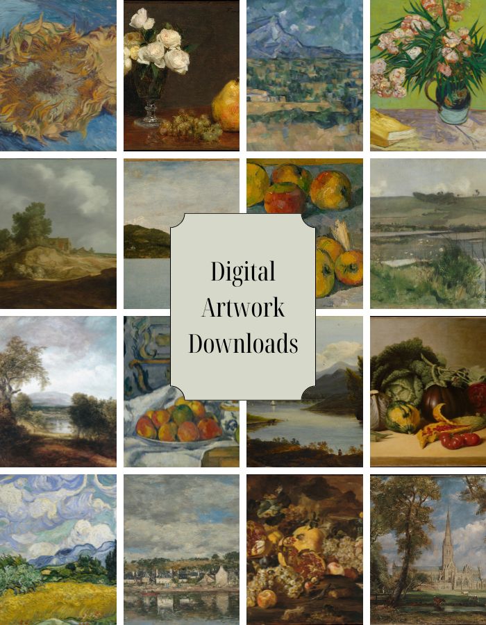A collage of 16 classic paintings featuring landscapes, still lifes, and flowers surrounds a central label that reads "Digital Artwork Downloads" in an elegant font, perfect for those seeking free fine art prints.