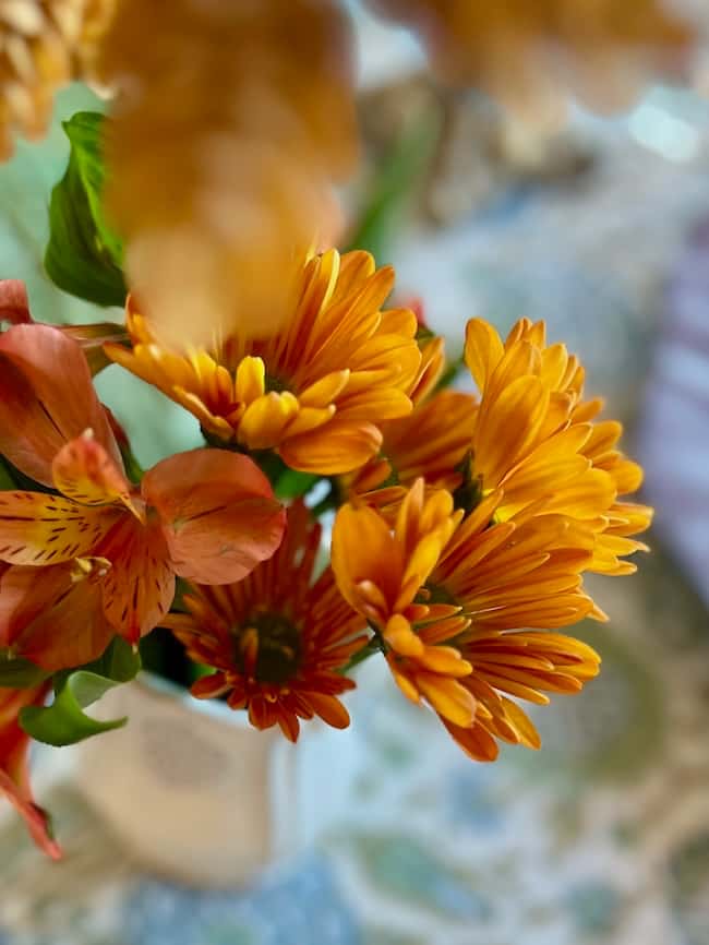 Close-up of vibrant orange-yellow flowers with green stems and leaves, arranged in a vase. The softly blurred background highlights the colorful petals—perfect for adding a touch of warm home charm to your beautiful finds.